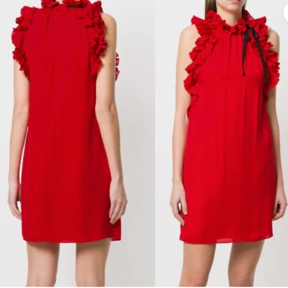Gucci Sleeveless Ruffle Tiered Mini Dress Cocktail Party Red and Black Size 42